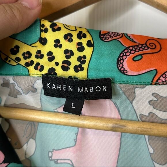 Karen Mabon Turquoise Animal Novelty Print Button Down Pj Top Sz L Boho Indie - Picture 6 of 8